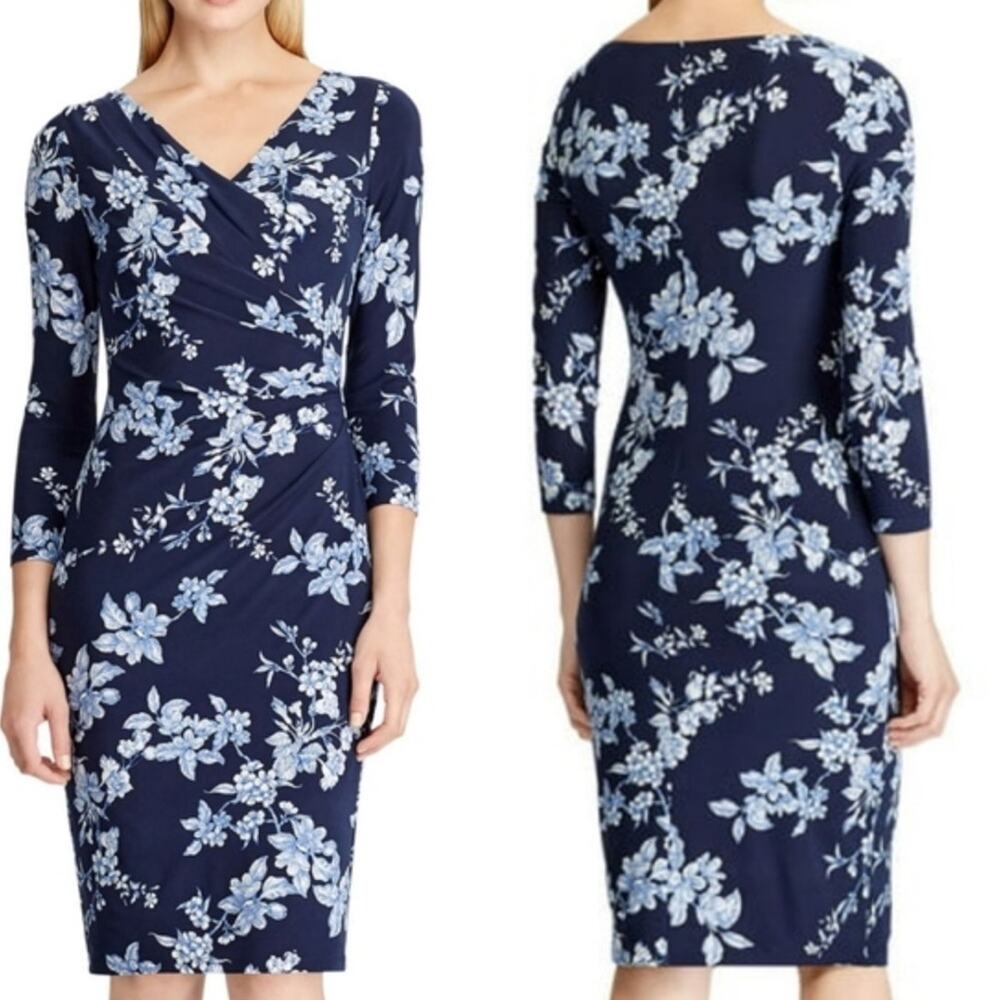 Lauren Ralph Lauren Floral 3/4 Sleeve Knee Length Body Con Dress Navy‎ 8